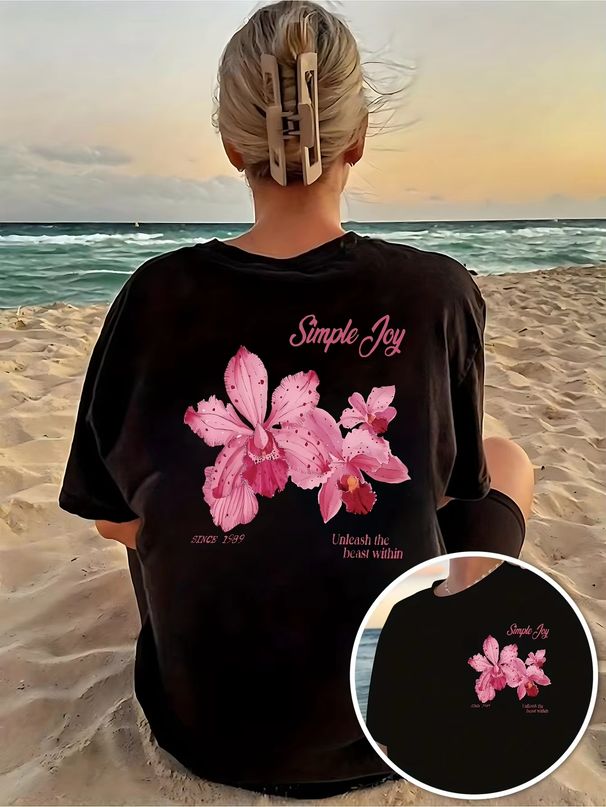 Women's Pink Orchid Print T-Shirt Sleeve Round Neck Top Summer Style T-shirt Comfortable Women's Clothing Top Aesthetic Clothes_ecoleips.com