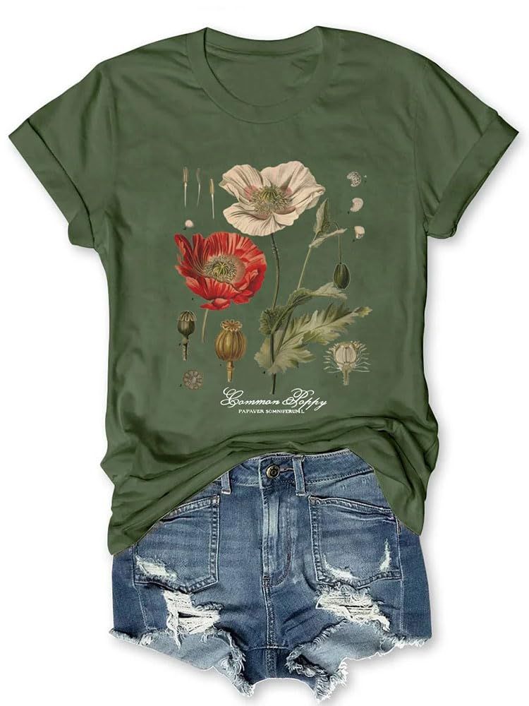 Memorial Day Vintage Poppy T-Shirt For Women Poppy Flower Language Crew Neck Short Sleeve Summer Tee_ecoleips.com