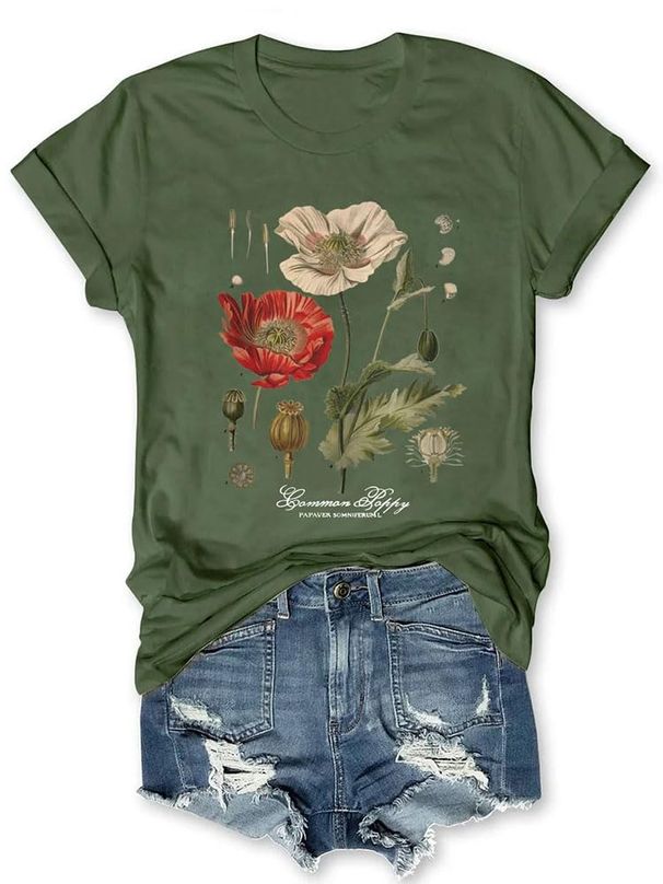 Memorial Day Vintage Poppy T-Shirt For Women Poppy Flower Language Crew Neck Short Sleeve Summer Tee_ecoleips.com