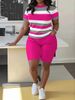 Plus Size Women's Clothing Striped T-Shirt Set Pullover Short Sleeve Letter 3D Printed Shorts_ecoleips.com