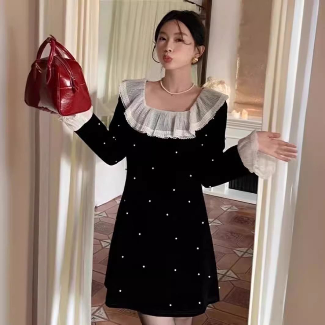 Plus-size Spring And Autumn Square-neck Lace Pearl Elegant Dress, Korean Style, Waist-cinching, Slimming A-line Dress_ecoleips.com