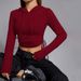 Voya Women's Instagram Trendy Versatile T-shirt Autumn And Winter Slim Fit Wine Red Short Hooded Top_ecoleips.com