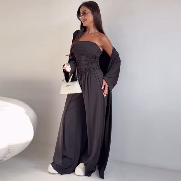 Women's Three Piece Set Casual Tube Top Vest Long Cardigan Wide Leg Trousers Comfortable Fashion Outfit Ensemble_ecoleips.com