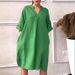 Women's Clothing Fashion Leisure Cotton And Linen Ladies V Neck Loose Large Size Dress_ecoleips.com