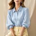 Women's Relaxed Fit V-Neck Puff Sleeve Striped Shirt, Chic Casual & Commute Blouse For Trendy Style_ecoleips.com