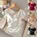 Satin Ruffle Top For Women V Neck Drawstring Design Fashion Women's Clothing_ecoleips.com