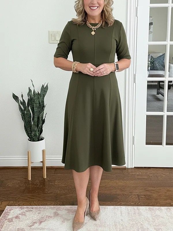 Elegant Women's Slim Fit Round Neck Dress Short Sleeve Spring Summer Solid Color_ecoleips.com