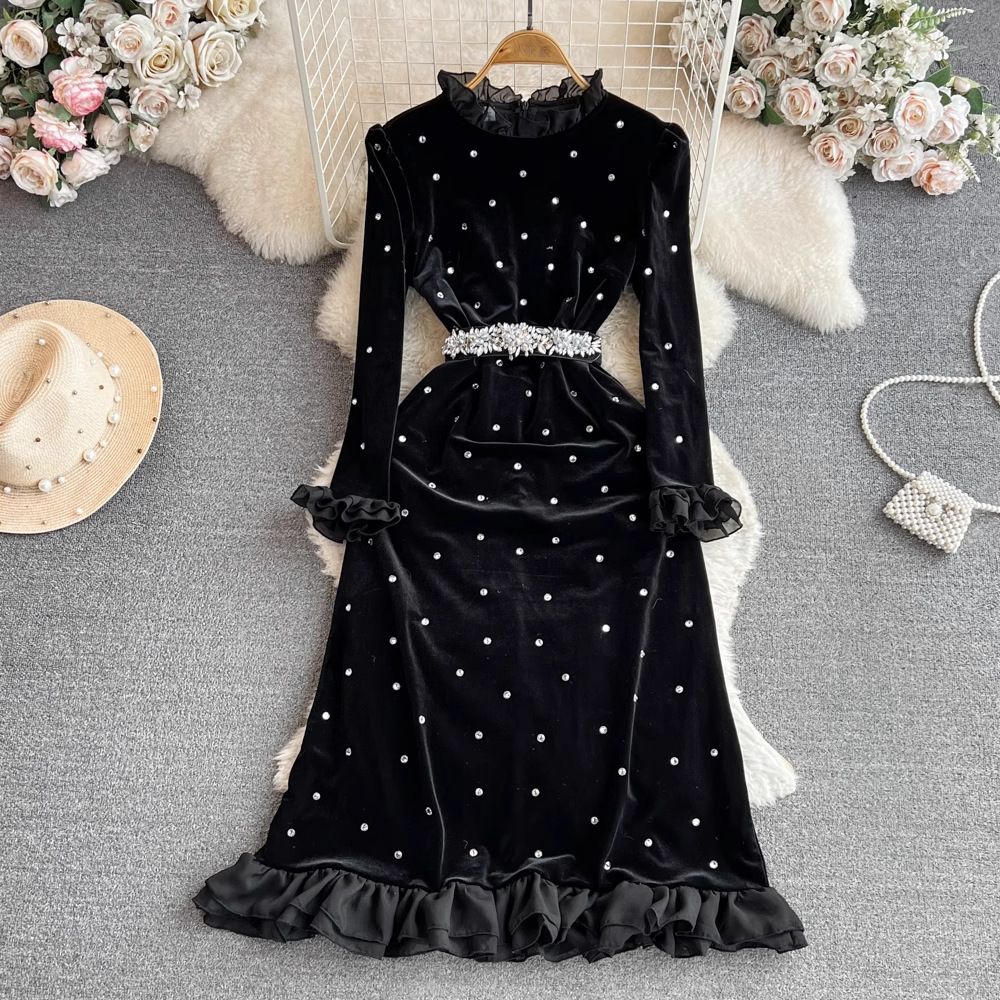 Korean Style Velvet Dress For Women Autumn Winter Ladylike Temperament Trumpet Long Sleeve Diamond Stand Up Collar Slimming Mid Length A Line_ecoleips.com