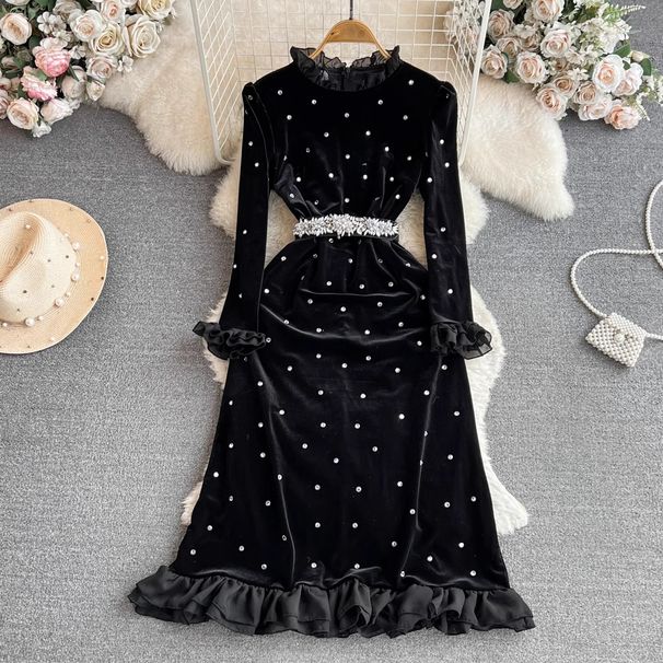 Korean Style Velvet Dress For Women Autumn Winter Ladylike Temperament Trumpet Long Sleeve Diamond Stand Up Collar Slimming Mid Length A Line_ecoleips.com
