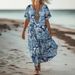 Creative Floral Women's Summer V-Neck Short Sleeve Dress, Midi Dress_ecoleips.com