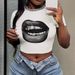 Y2k Lip & Gold Teeth Print Women's Short Sleeve T-Shirt - Streetwear Fashion, Slim Fit, Cropped Tee, Summer Casual Top (White)_ecoleips.com