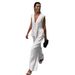 Women's Cotton V-Neck Sleeveless Vest And Pants Set Solid Color Elegant Office Wear Two-Piece Outfit_ecoleips.com