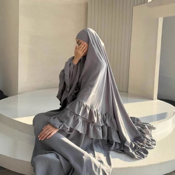Muslim Women's Clothing Solid Color Long Robe Dress Two-Piece Set Pleated Headscarf Large Hijab P111_ecoleips.com