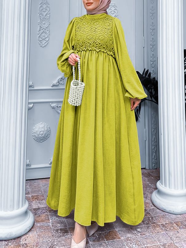 Modest Evening Dress Middle Eastern Ethnic Style Muslim Dress Lace Trimmed Lantern Sleeve Fitted Waist Bestseller Women's Clothing_ecoleips.com
