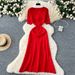 Women's Clothing Vintage Contrast Lapel Short-sleeved Single-breasted Tight Waist Inner Sweater Dress Women's Knitted Long Dress_ecoleips.com