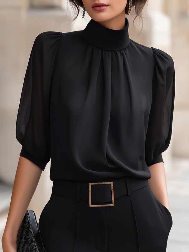 European And American Style Women's High Neck Puff Sleeve Top Light Luxury Flowy Shirt for Commuting And Business New Arrival 2026_ecoleips.com