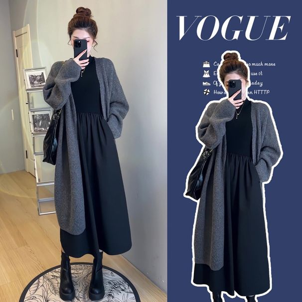 Autumn New Korean Fashion Vest + Cardigan Sweater Two-Piece Set Maternity Dress_ecoleips.com