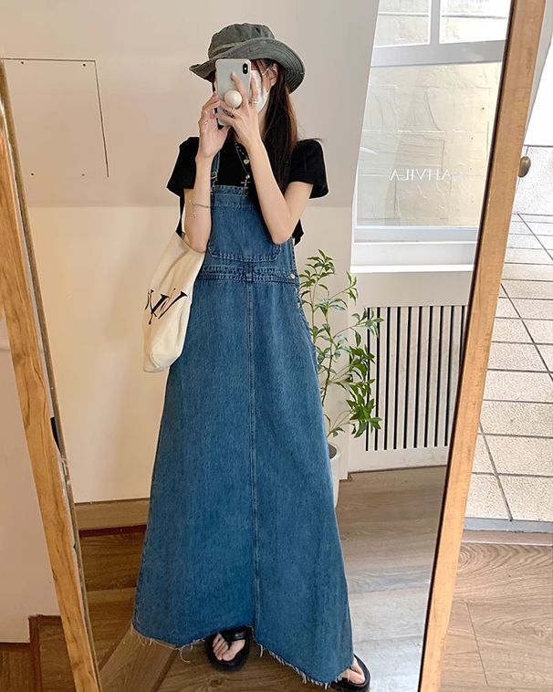 Age Defying And Slimming Denim Overall Dress For Women, 2026 Spring/summer New Style, Loose Fit, Tall And Long Blue Dress._ecoleips.com