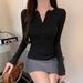 Women's Sexy Button Down Long Sleeved T-shirt V Neck Slim Fit Fashionable Alluring Base Layer Top For Autumn Style_ecoleips.com