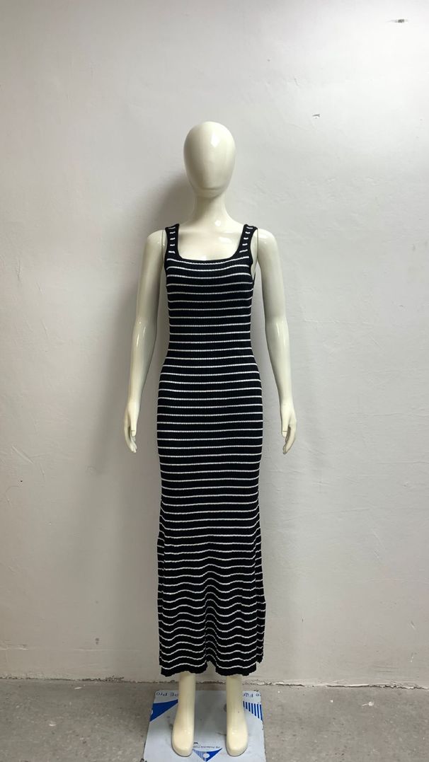 Women's Clothing Striped Vest Contrast Color Style Beach Vacation Sexy Long Skirt Knitted Pit Stripe Long Dress_ecoleips.com