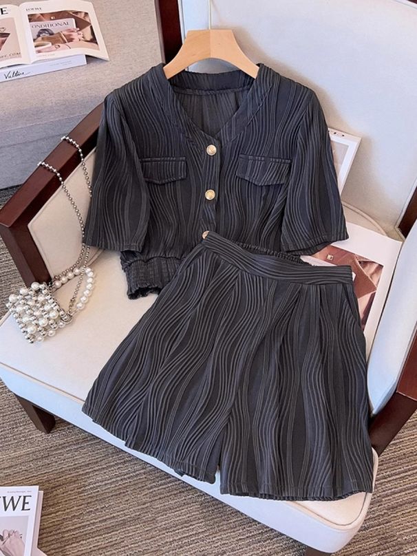 Women's Clothing Texture Sense Fashion Short Sleeved Suit Summer Loose Wide Leg Short Casual Pants Two Piece Suit_ecoleips.com