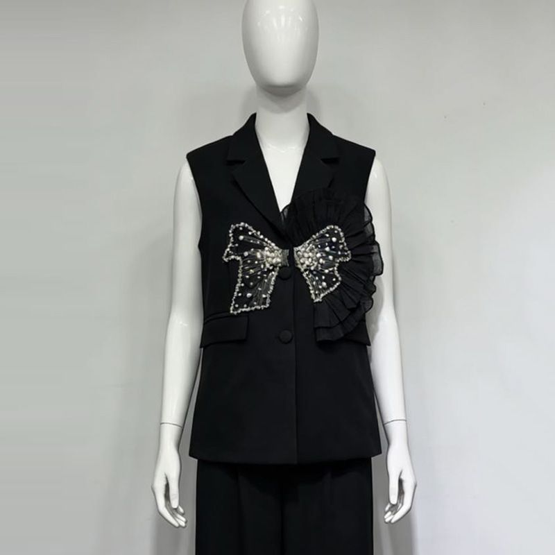 Elegant Pearl Bow Tie Vest For Women, Charming Sleeveless Blazer Waistcoat With 3d Floral Embroidery, Office Casual Layering Piece (White, Black)_ecoleips.com