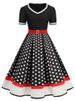 Black V-Neck Short Sleeve Vintage Pleated Dress With Belt Women 50s Polka Dot Party Sundress Robe Plus Size_ecoleips.com