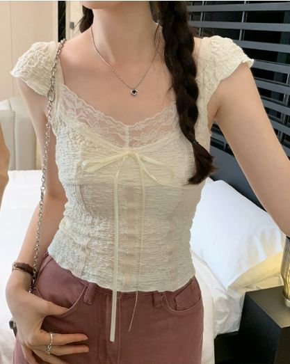 Summer Sexy Tube Top Lace V-Neck Slim-Fit High Waist Top Women's Short Sleeve T-Shirt_ecoleips.com