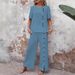 Women's Clothing Women's Linen Cotton Casual Two-Piece Set – Short Sleeve Button Top + Wide Leg Pants (Blue/Khaki/White, S-3XL) | Breathable Outfit_ecoleips.com