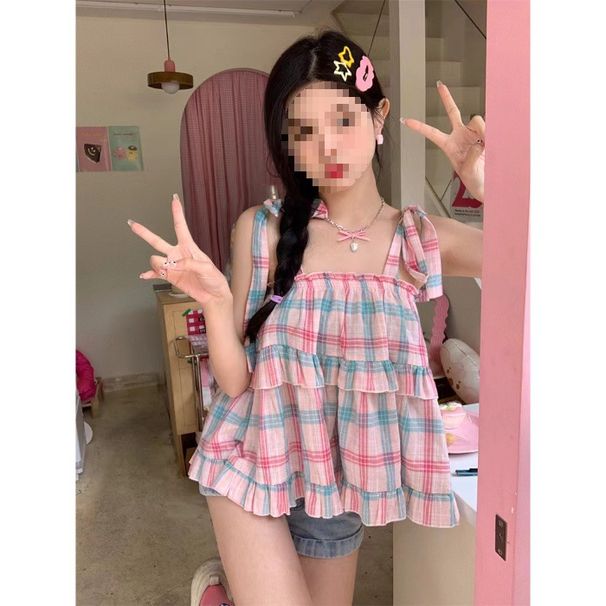 Dopamine Girl Camisole Shirt Women's Summer New Design Sweet Tie-Up Plaid Short Top_ecoleips.com