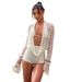 Women's Sexy Three Piece Set With Lace Hollow Out Long Sleeve Halter Neck Top And Slim Shorts For Autumn_ecoleips.com