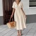 Summer Women's V Neck Dress Pure Cotton Loose Comfortable Long Solid Color New_ecoleips.com