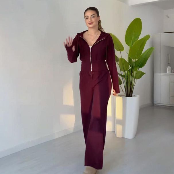 Women's Clothing Solid Color Zip-Up Hooded Top With Tie-Waist Straight Pants Set - Casual & Office Wear, Comfortable Polyester Outfit_ecoleips.com