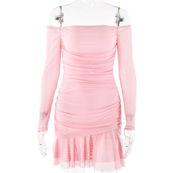 New Style Sexy Hot Girl Mini Dress, Ruched Strapless Design, Long Sleeve, Skinny Slimming Silhouette, Trendy Clubwear Short Dress_ecoleips.com