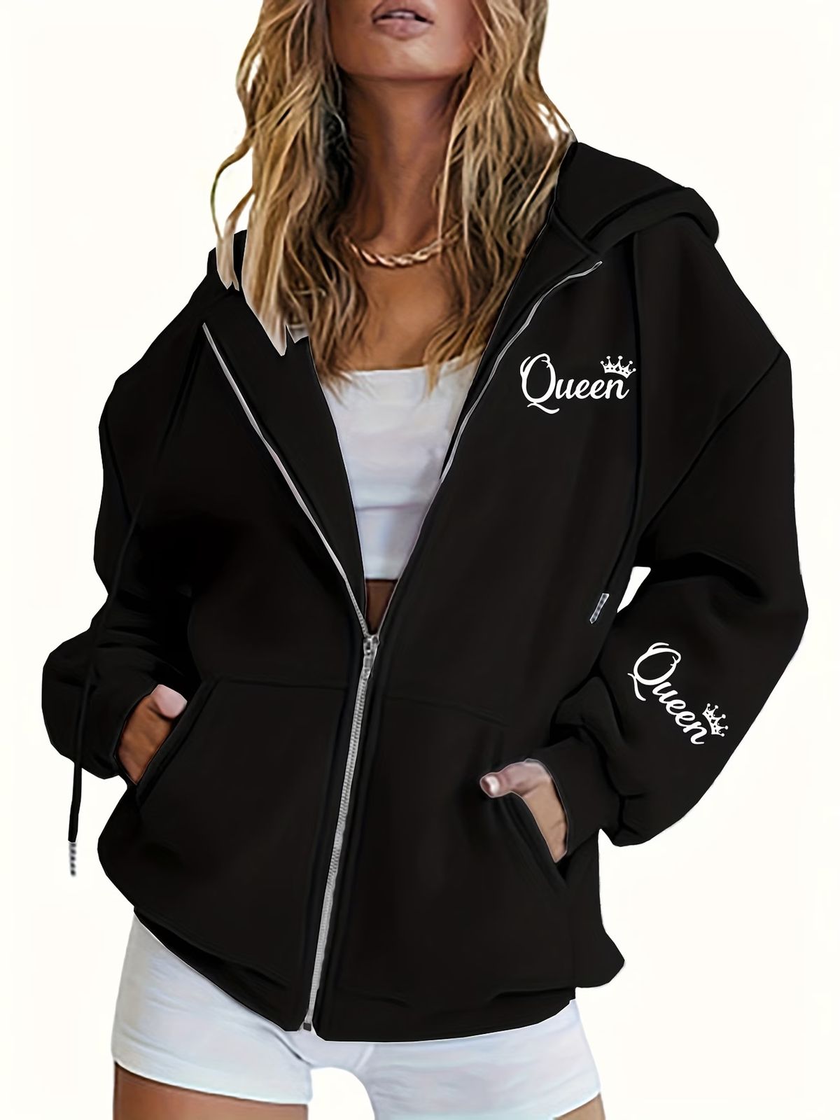 Women's Clothing Fashion Printed Long Sleeved Hooded Collar Zip Up Cardigan Jacket Loose Casual Boyfriend Style Women's Outerwear_ecoleips.com