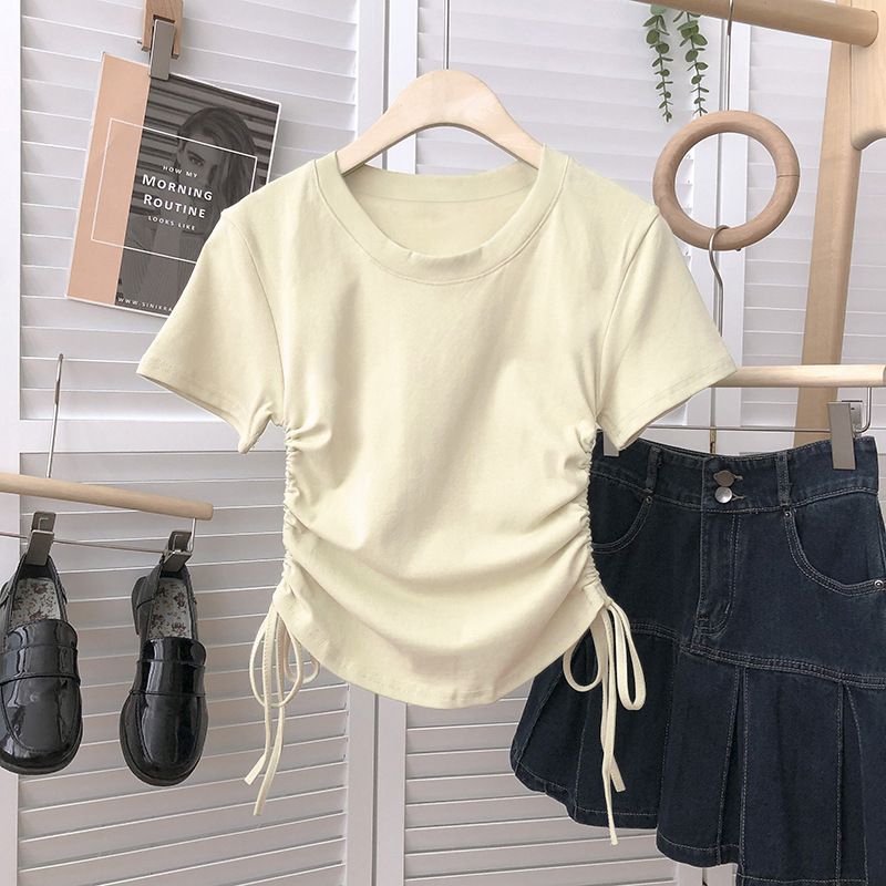 Pleated Drawstring Slimming Short-Sleeve T-Shirt For Women, 2026 Summer Korean Minimalist Chic Top Trend_ecoleips.com