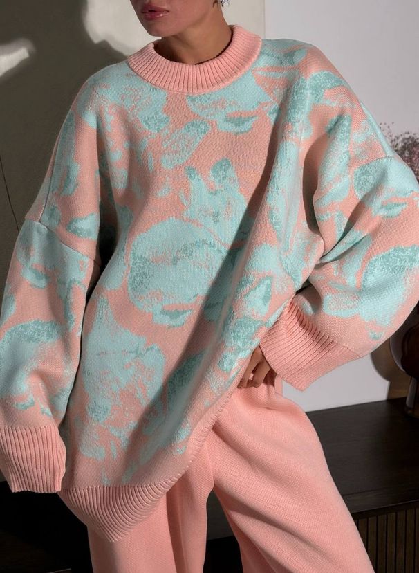 Whimsical Rabbit Jacquard Sweater – Oversized Color-Block Knit Pullover For Women (Autumn/Winter Collection)_ecoleips.com