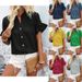 Women's Casual Pleated Shirt Short Sleeved Solid Color Cotton Linen Stand Collar Button-Up Top_ecoleips.com
