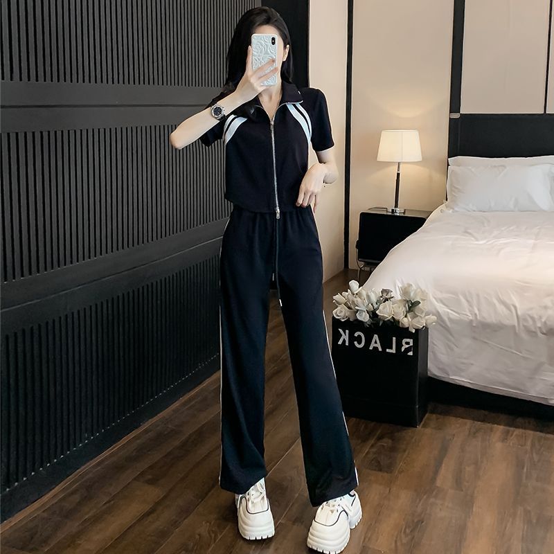 European Fashion Sports Suit For Women Summer 2025 New Casual Youthful Elegant Short Sleeve Wide Leg Pants Two-Piece Set_ecoleips.com