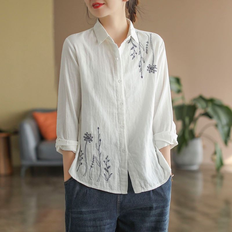 Spring New Cotton Top, Simple Literary Long-sleeved Shirt, Loose And Versatile Flower Embroidered Shirt_ecoleips.com