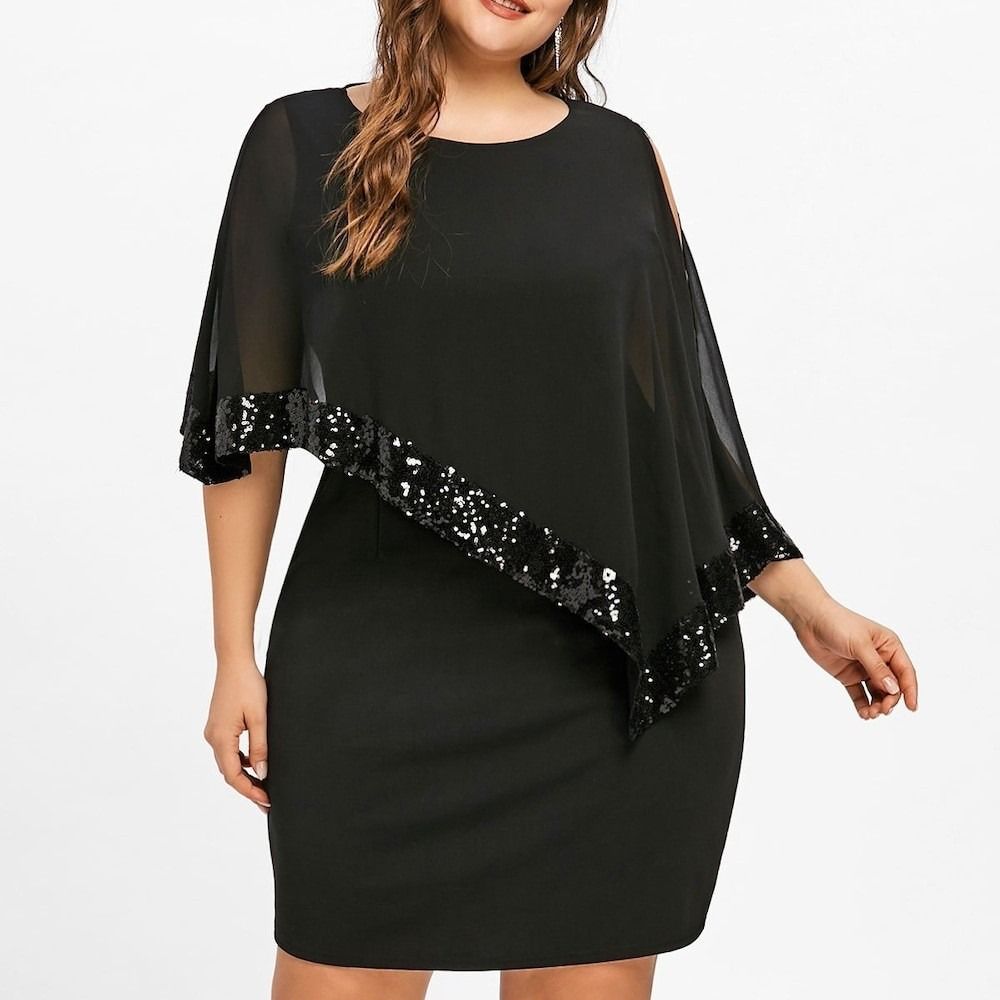 K Irregular Sequin Splicing Plus Size Women's Dress_ecoleips.com