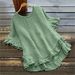 Women's Clothing Pure Color Loose Ruffled Cuffs Round Neck Short Sleeves Button Women's Shirt_ecoleips.com