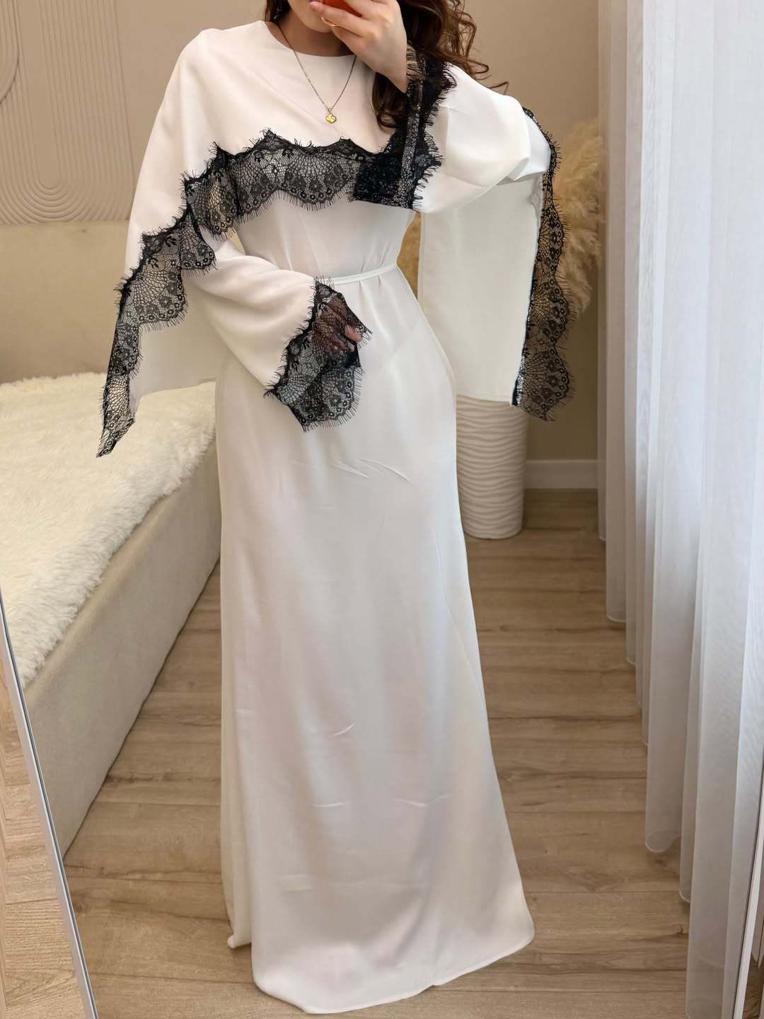 Elegant Abaya Dress With Lace Trim & Flared Sleeves – Modest Layered Tunic With Shawl_ecoleips.com