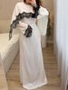 Elegant Abaya Dress With Lace Trim & Flared Sleeves – Modest Layered Tunic With Shawl_ecoleips.com