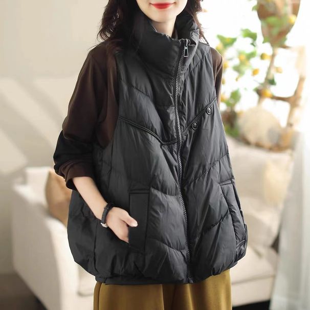 Women's Lightweight Down Vest With High Warmth, Fashionable Stand Collar Design, Polyester Shell, Packable For Travel_ecoleips.com