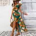Elegant Floral Split Maxi Dress With V-Neck & Ruffle Sleeves – Lightweight Polyester For Vacation & Beach_ecoleips.com