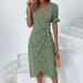 Geometric Print Puff Sleeve Asymmetrical Hem V-Neck Flowy Casual Midi Dress For Women Comfortable Loose Fit_ecoleips.com