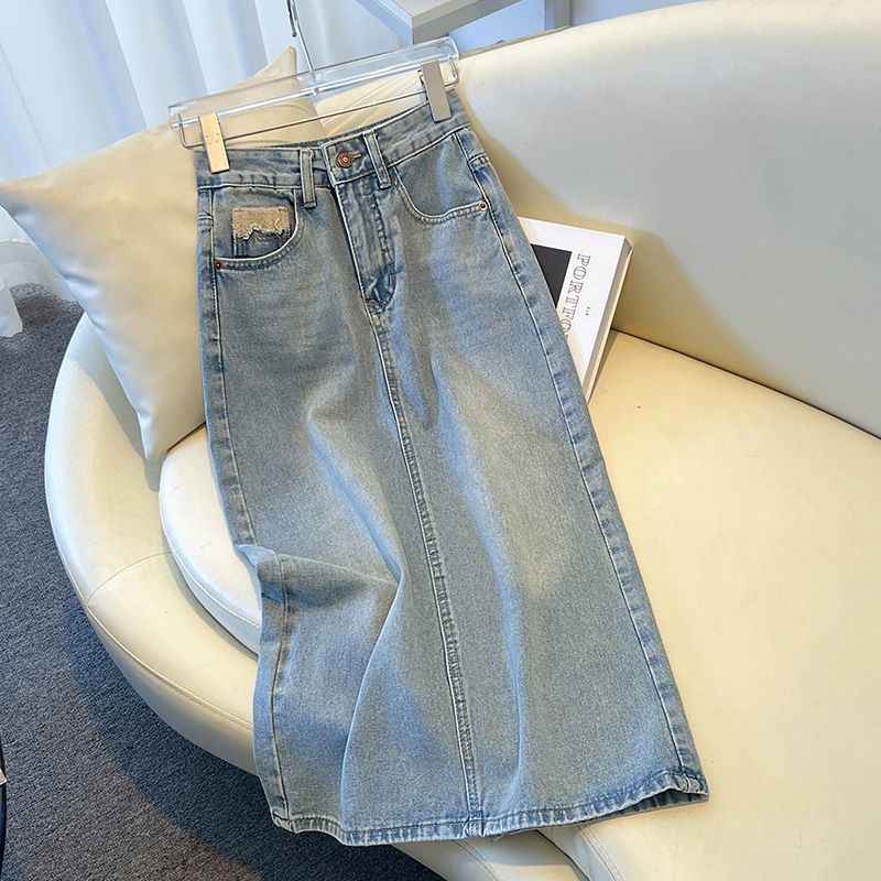 Verve Light-colored Denim For Women 2025 New Spring And Autumn Mid-length High-waisted Slimming Split A-line Pencil Skirt_ecoleips.com