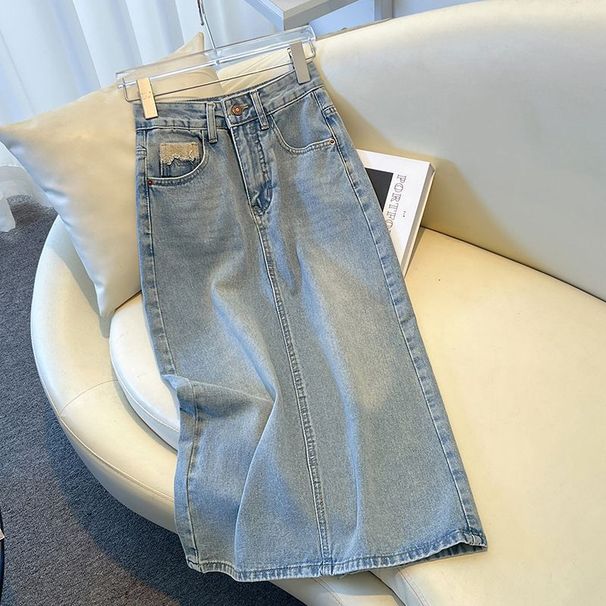 Verve Light-colored Denim For Women 2025 New Spring And Autumn Mid-length High-waisted Slimming Split A-line Pencil Skirt_ecoleips.com