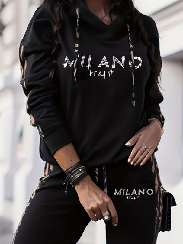 Women's European American Style Spring Autumn Fashion Hooded Two Piece Set Casual Letter Print Vacation Wear_ecoleips.com